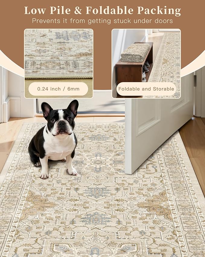 Madane 6x9 Area Rugs for Living Room, Vintage Washable Rug, Beige/Blue