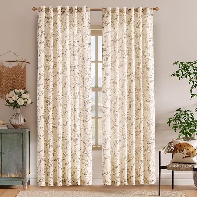 Lazzzy Taupe Vintage Floral Linen Curtains Farmhouse 50W X 84L 2 Panels