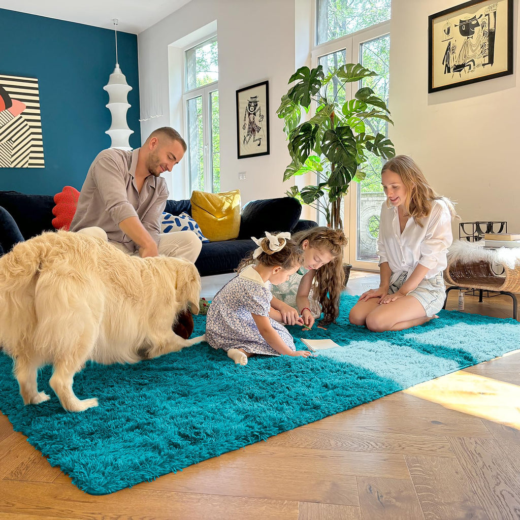 OLANLY 9x12 Machine Washable Large Area Rugs for Living Room, Bedroom, Soft Fluffy Shaggy Bedside Rug, Indoor Floor Carpet for Kids Girls and Boys, Dorms, Nursery, Home Decor Aesthetic, Teal