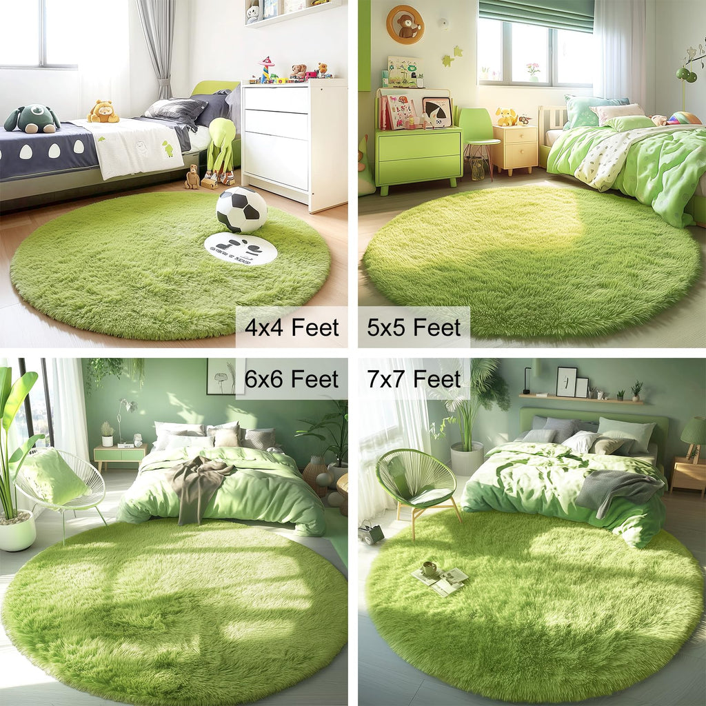 OLANLY Grass Green Round Rugs for Bedroom - Machine Washable, 5 ft Circle Area Rugs for Living Room, Soft and Fluffy Shaggy Carpet for Teen Girls and Boys, Nursery Rooms, Dorms, Home Decor Aesthetic