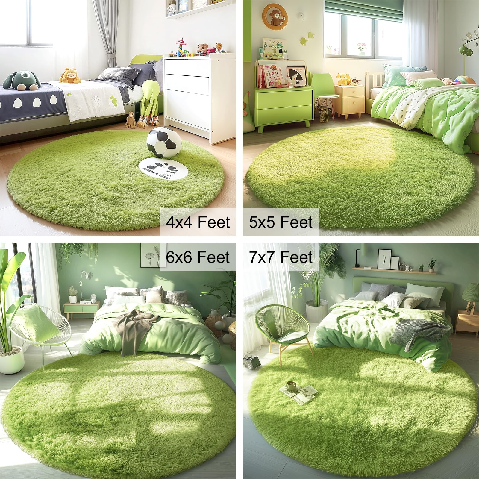 OLANLY Grass Green Round Rugs for Bedroom - Machine Washable, 5 ft Circle Area Rugs for Living Room, Soft and Fluffy Shaggy Carpet for Teen Girls and Boys, Nursery Rooms, Dorms, Home Decor Aesthetic