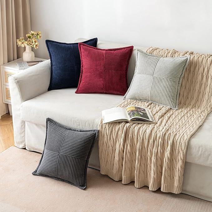 MIULEE Dark Grey Corduroy Decorative Euro Sham Pillow Covers 24x24 Inch with Splicing Set of 2 Soft Boho Pillow Covers Broadside Textured Pillowcases for Couch Bed Livingroom