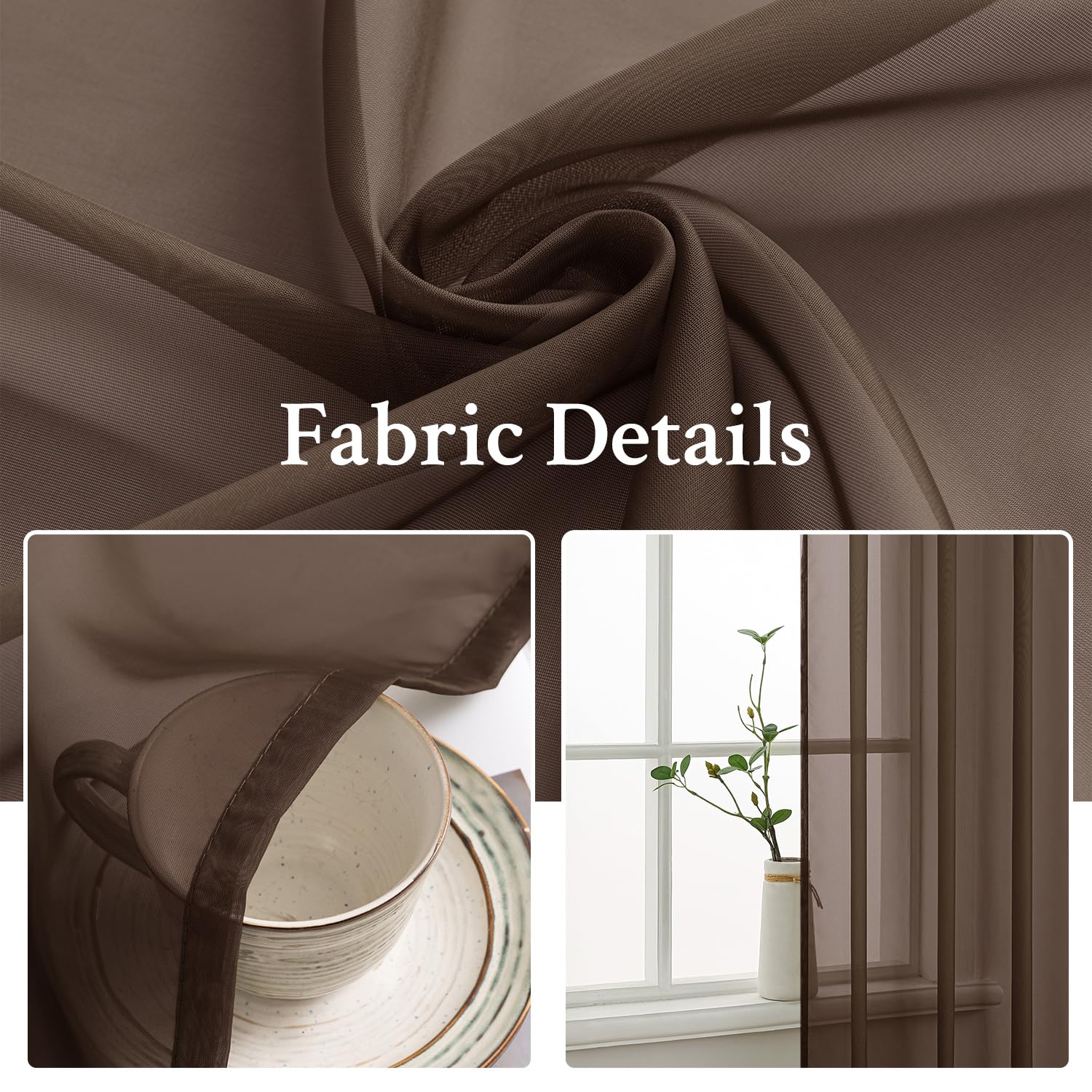 MIULEE Chocolate Brown Sheer Curtains 54 X 96 Inches, 2 Panels