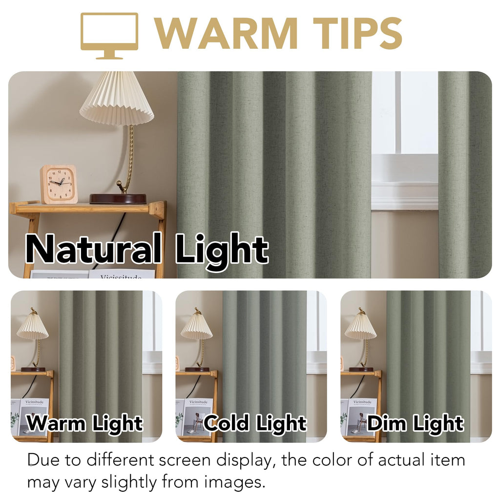 H.VERSAILTEX Linen Curtains 100% Blackout Curtains for Bedroom 102 inch Long Full Light Blocking Nature Linen Blended Window Curtains for Living Room Nickel Grommet (2 Panels, Heathered Dried Sage)