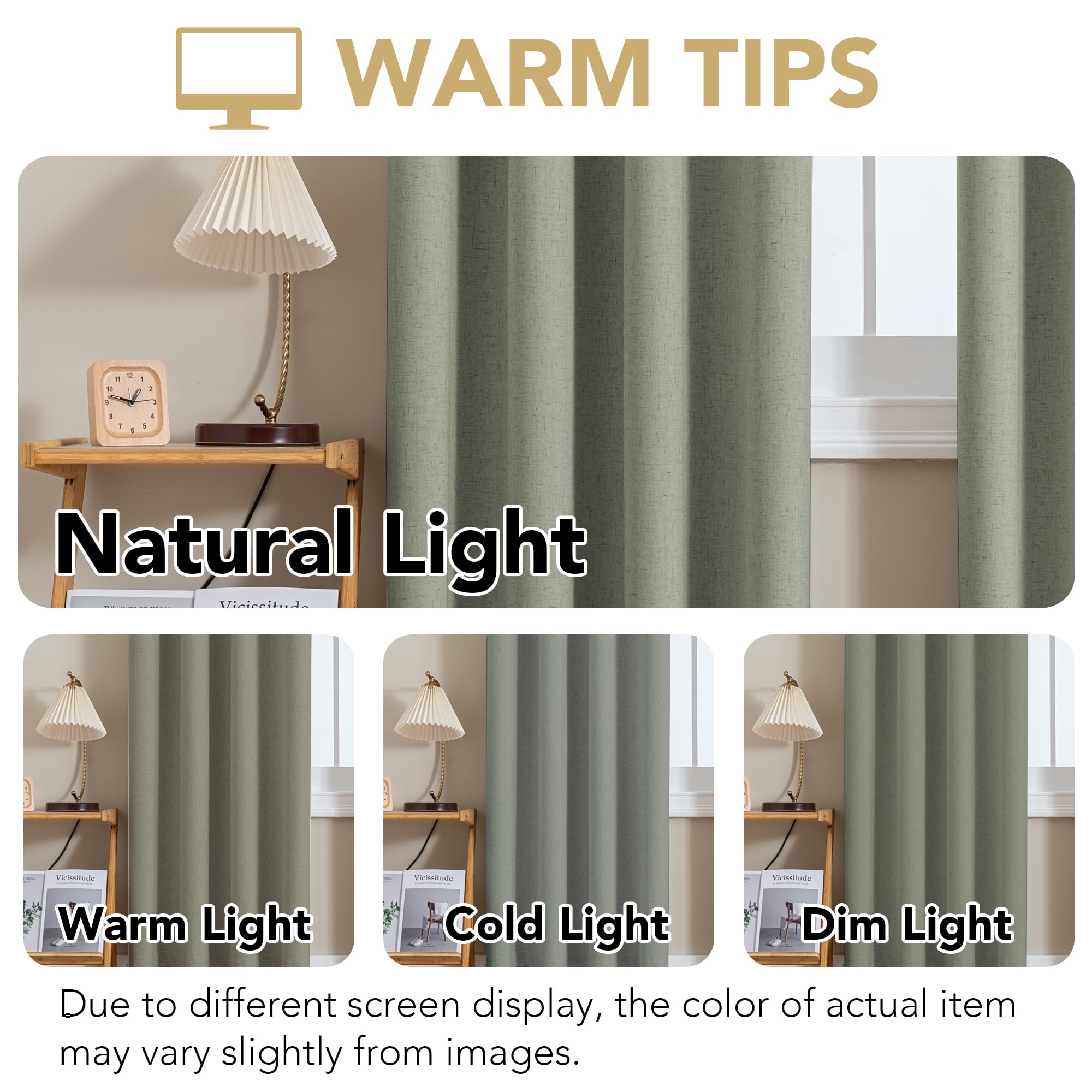 H.VERSAILTEX Linen Curtains 100% Blackout Curtains for Bedroom 102 inch Long Full Light Blocking Nature Linen Blended Window Curtains for Living Room Nickel Grommet (2 Panels, Heathered Dried Sage)