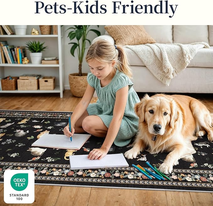 2'6"x8' Washable Kitchen Runner Rug - Soft Low Pile Floral Animal Cat Print Rugs with Non-Slip Backing Waterproof Stain-Resistant Indoor Carpet for Hallway Entryway Bathroom Bedroom (Black)