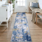 Washable Area Rugs 2x9 Non-Slip Modern Abstract Soft for Living Room Entryway Bedroom Nursery, Print Pattern, Grey Blue Gold/Golden
