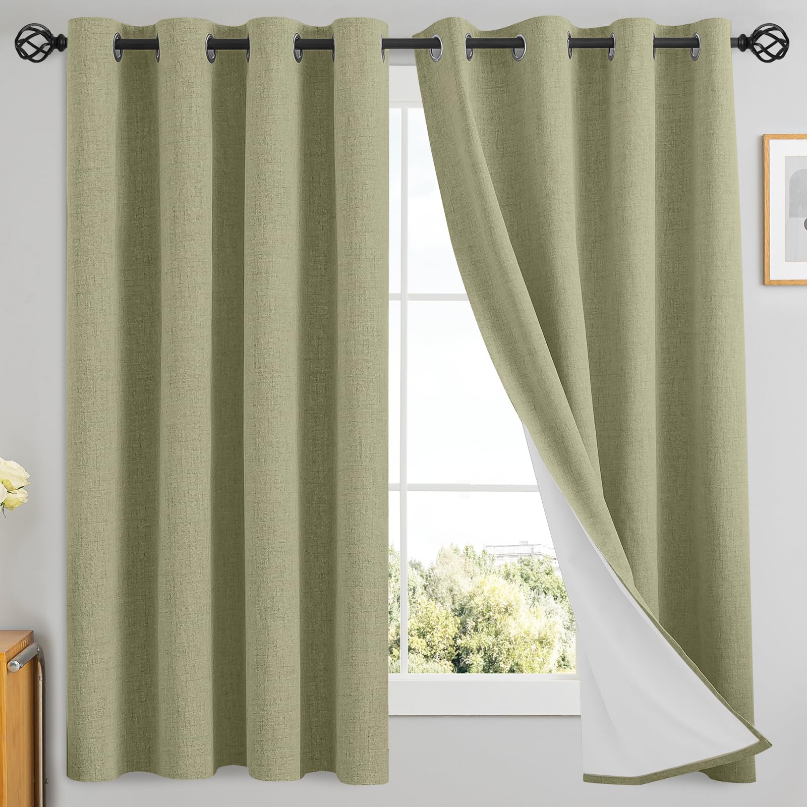 Yakamok Sage Linen Textured Curtains 63 Inches Long for Living Room