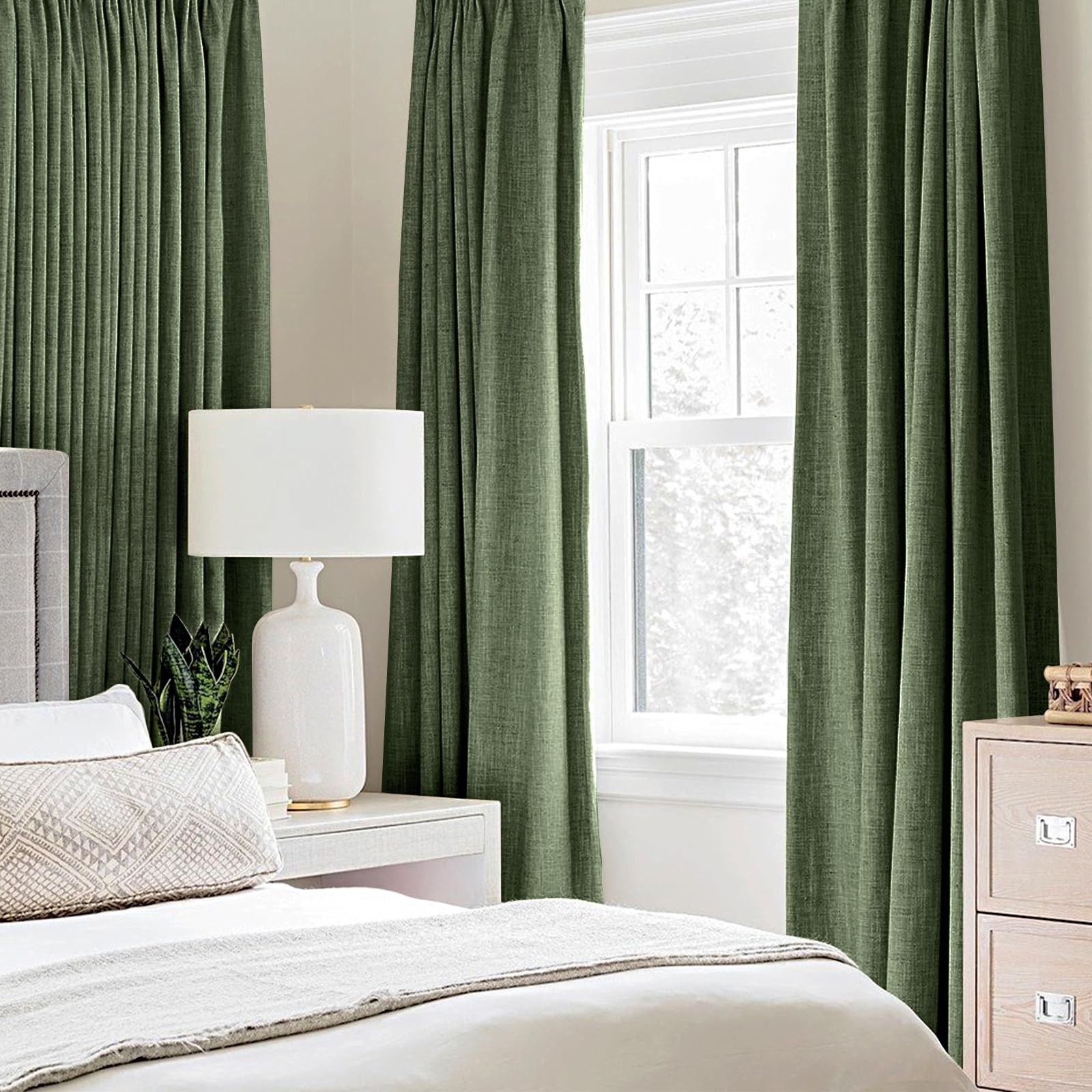MIULEE 100% Blackout Linen Curtains for Bedroom 52x45 Inches Olive Green