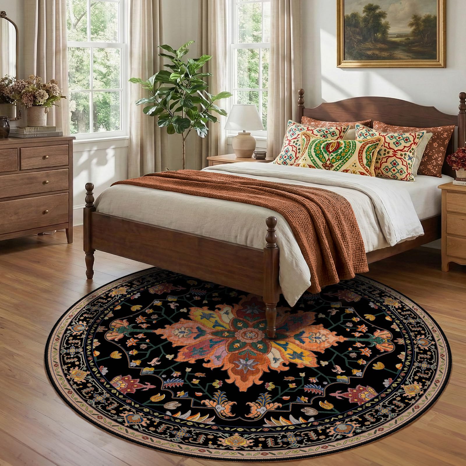RELEANY Washable Area Rug, Round 8ft, Black/Colorful