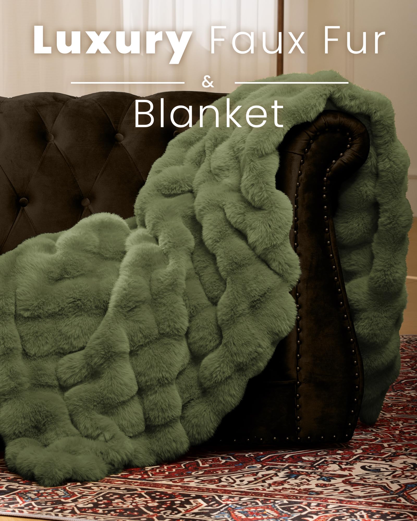 blunique Ultra Soft Cozy Faux Fur Throw Blanket, Fuzzy Plush Thick Bubble Blanket, Oversize Luxury Fluffy Blanket for Couch, Sofa, Bedroom, and Living Room,50x60 Inches,Green