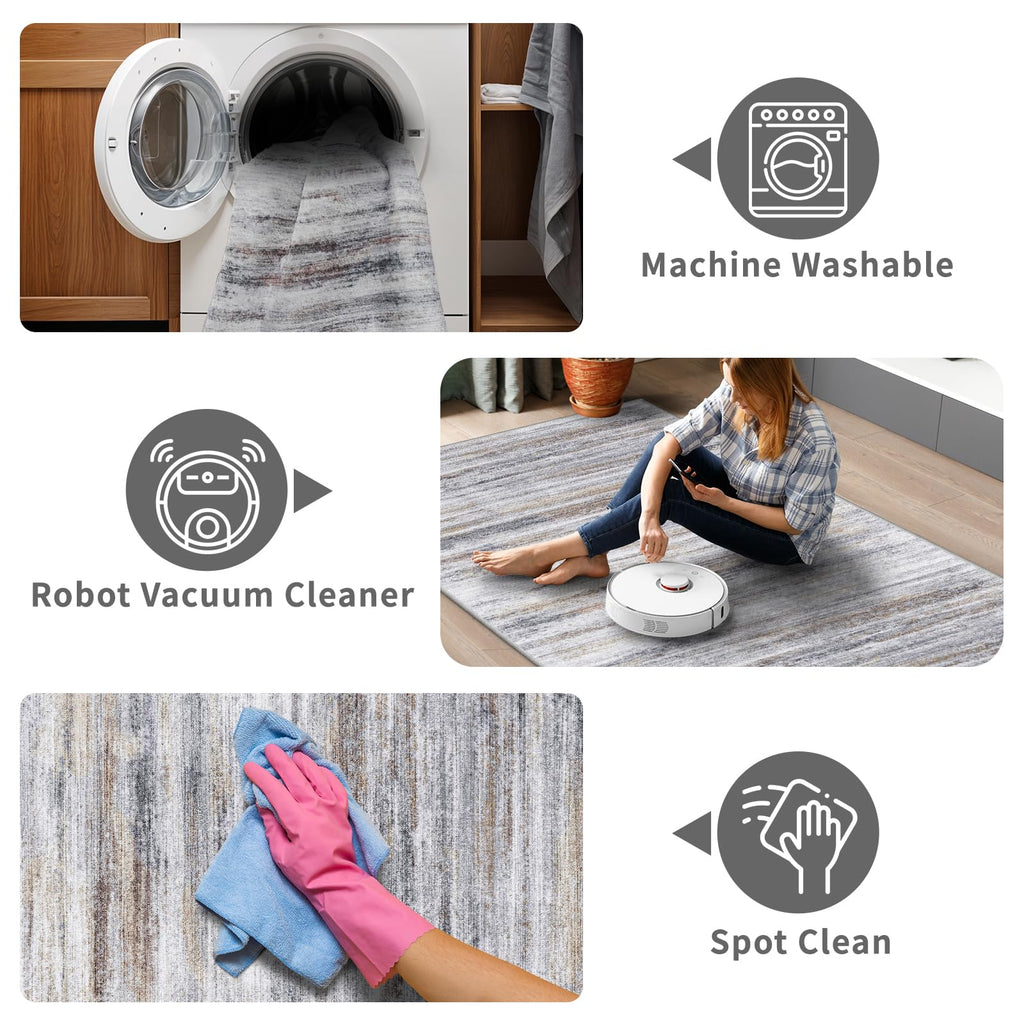 2x7 Washable Runner Rugs for Hallway: Easy-to-Clean Abstract Runners for Entryway Bedroom - Stain and Water Resistant Rugs with Non-Slip Backing - Soft Low-Pile Carpet Beige Grey