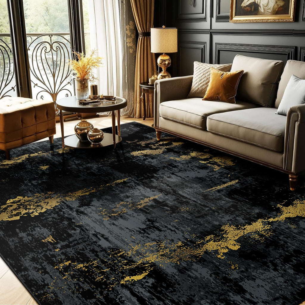 RELEANY Washable 6'x9' Abstract Area Rug for Living Room Black Gold
