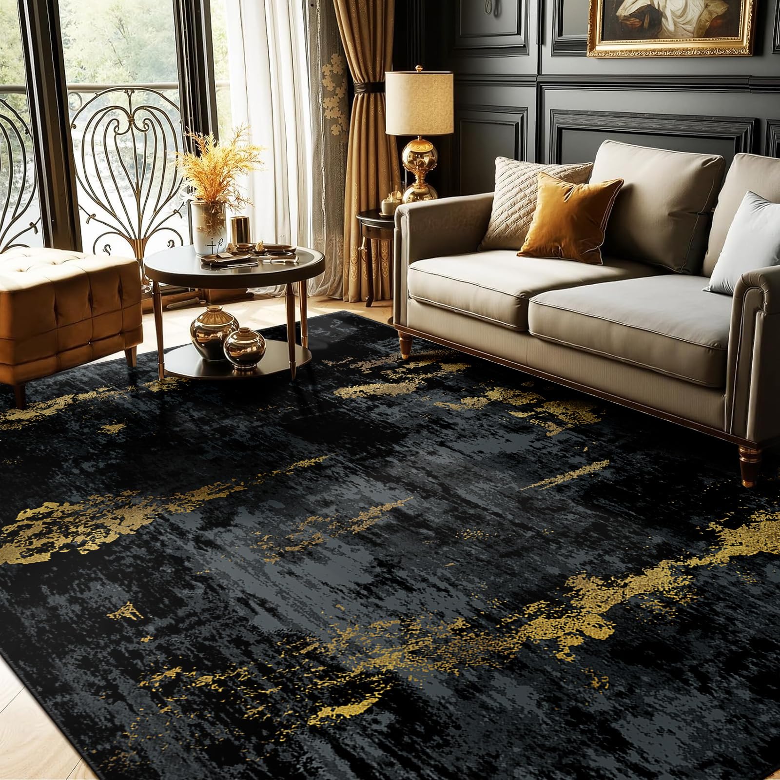 RELEANY Washable 6'x9' Abstract Area Rug for Living Room Black Gold