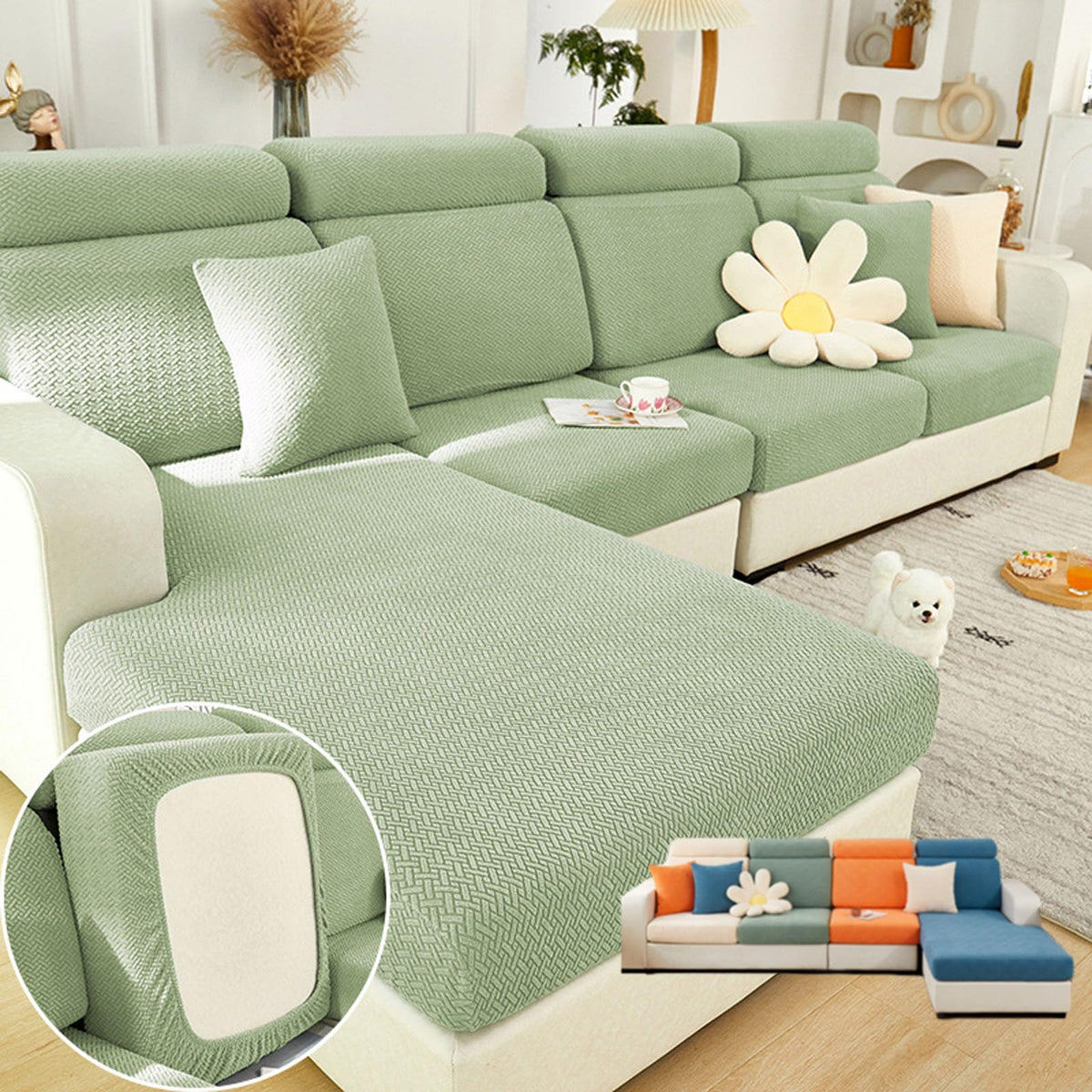 VFUX Soothing Home Sofa Covers, Sofa Hero Covers, Wear-Resistant Universal Couch Covers Washable Stretch Sectional Couch Cushion Covers (Green,Large Triple Seat Cover)