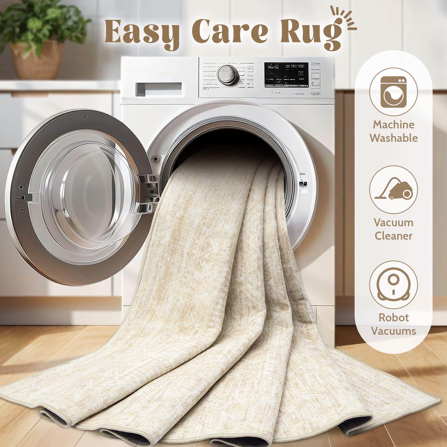 2x8 Washable Runner Rug: Moroccan Geometric Boho Rug Farmhouse Non Slip Stain Resistant Rugs Low Pile Soft Carpet for Porch Kitchen Laundry Room Living Room Bedroom (Beige,2'x8')