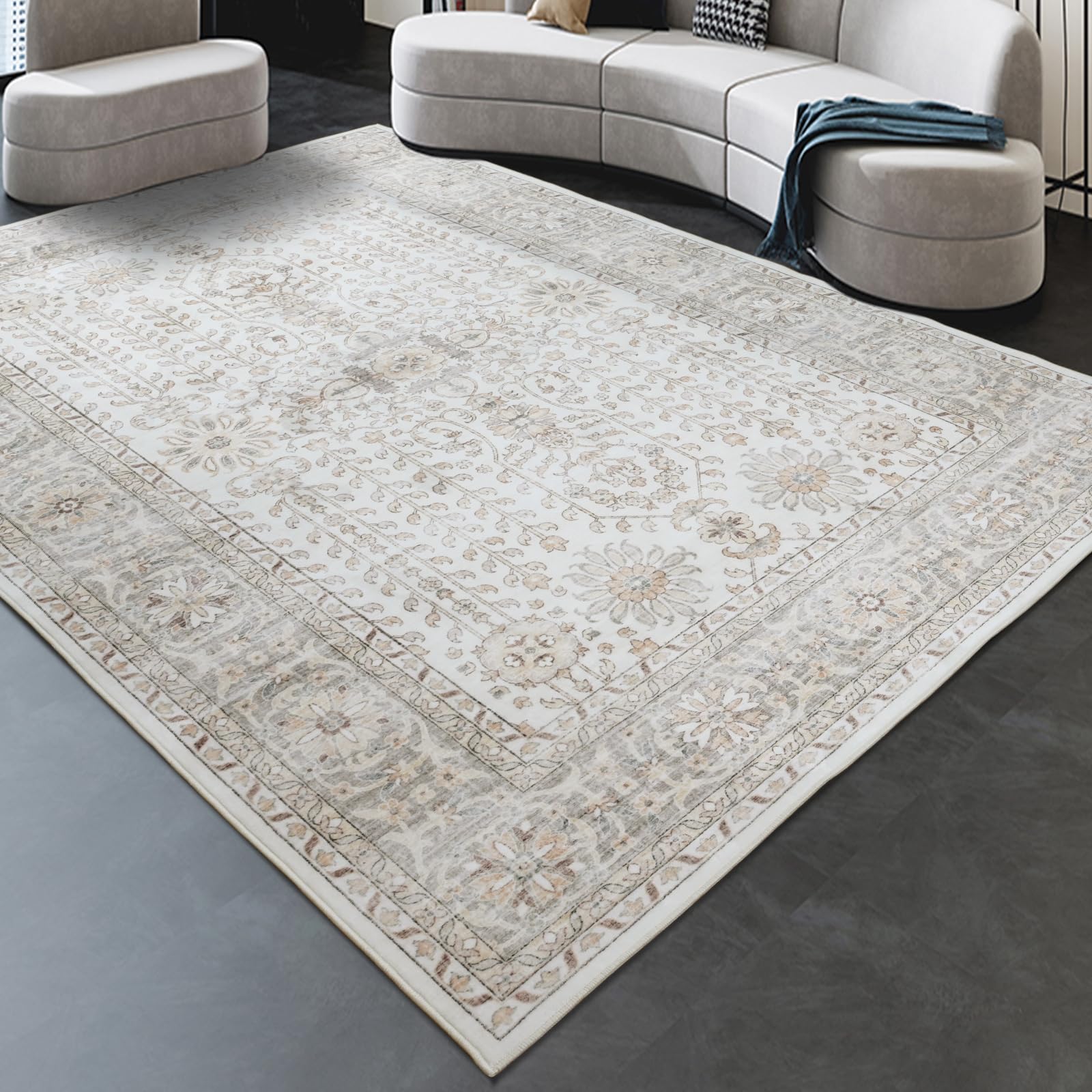 phonzenuo 7x9 Area Rugs for Living Room,Thin Washable Rug, Non-Slip Foldable Area Rug for Bedroom, Dining Room, Home Office, Cream