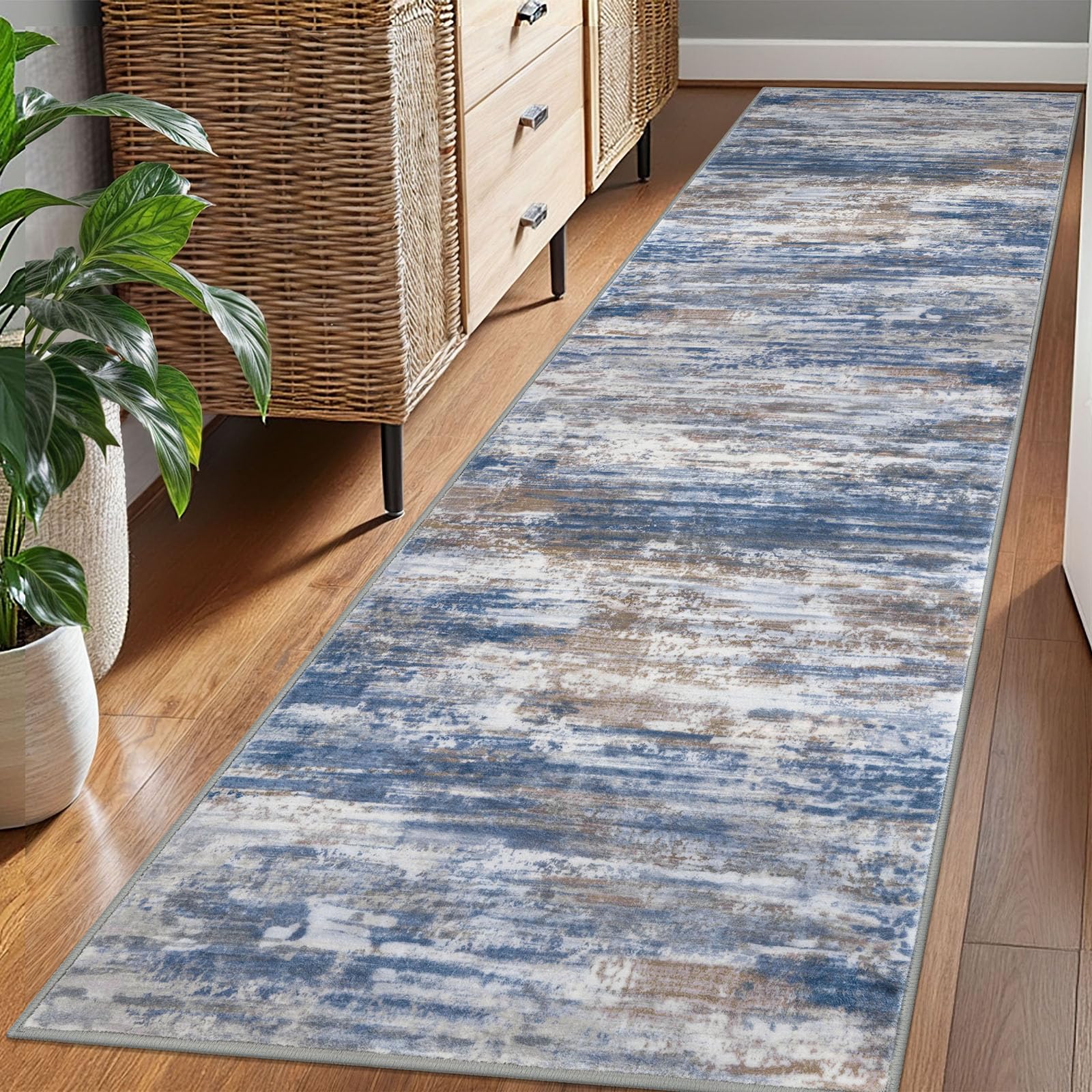 KOZYFLY Modern Abstract Hallway Runner Rug, 2.6x8 Washable Rug Runner Non-Slip Soft Striped Kitchen Runner Rugs, Print Blue Rust Carpet Runner for Entryway Bathroom Laundry Room Foyer