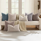 decorUhome Summer Cozy Faux Fur Throw Pillow Covers 26x26 Set of 2 Decorative Plush Striped Modern Farmhouse Boho Couch Euro Sham Pillow Cases with Velvet Back for Sofa Bed Living Room, Beige White