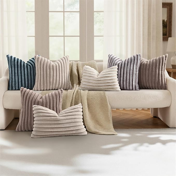 decorUhome Cozy Faux Fur Throw Pillow Covers 18x18 Set of 2 Decorative Soft Plush Striped Modern Farmhouse Boho Couch Pillow Cases with Velvet Back for Sofa Bed Living Room, Tan