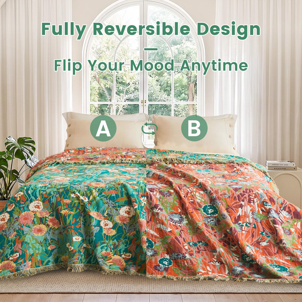 MSGKV Boho Throw Blanket 60"x80" 100% Cotton Floral Blanket for Couch Sofa
