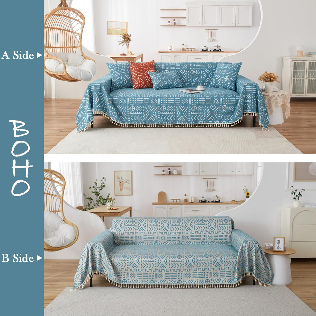 HANDONTIME Turquoise Couch Protector for Dogs Boho Tassel Blue Couch Cover Farmhouse Sofa Covers Aztec Tribal Couch Covers for 3 Cushion Couch Sofa Universal Sofa Slipcover for Home décor, 71" X118"