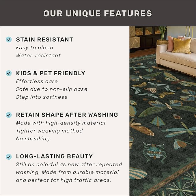 3x4 Unique Entryway Rug - Throw Rug for Large Kitchen, Entry Way, Mudroom, Dark Green and Black Insect Print, Washable Low Pile Floor Carpet