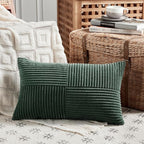 Fancy Homi Set of 2 Dark Green Lumbar Decorative Throw Pillow Covers 16x28 Inch for Living Room Couch Bed, Boho Farmhouse Forest Green Home Decor, Soft Corduroy Corss Patchwork Cushion Case
