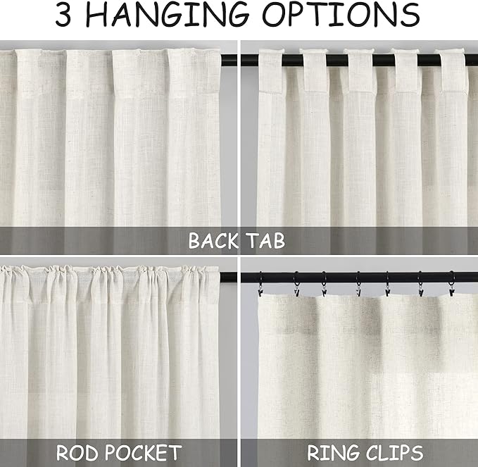 Cream Linen Curtains 101 Inches Long for Living Room Extra Long Back Tab Curtains Neutral Farmhouse Light Filtering Semi Sheer Linen Drapes Ceiling to Floor for Large Window 2 Panels Set 52x101
