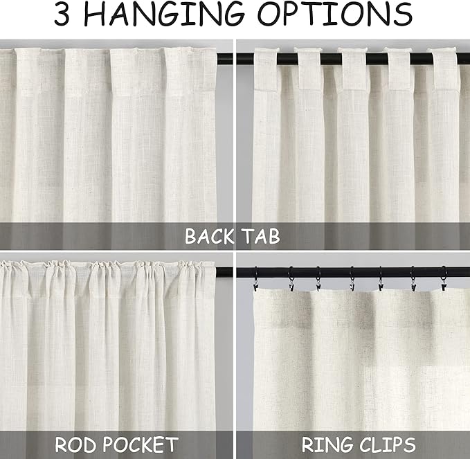 Cream Linen Curtains 125 Inches Long for Living Room Extra Long Back Tab Curtains Neutral Farmhouse Light Filtering Semi Sheer Linen Drapes Ceiling to Floor for Large Window 2 Panels Set 52x125