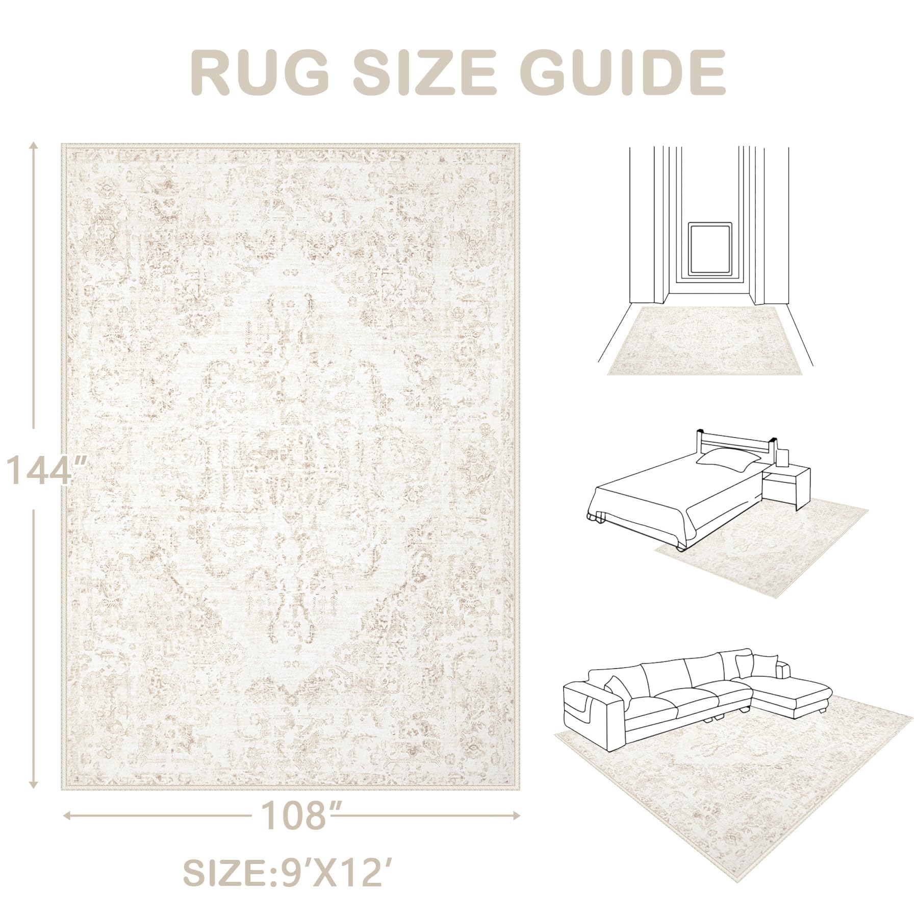 9x12 Area Rugs for Living Room:Washable Rug Vintage Large Rugs Soft Non Slip Low Pile Rug Floral Distressed Floor Carpet for Bedroom Dining Room Home Office (Beige,9'x12')