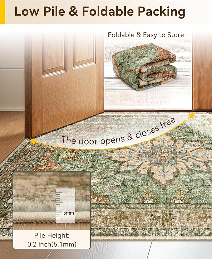 RELEANY Washable Area Rug, Runner 2'x6', Brick/Brown/Green