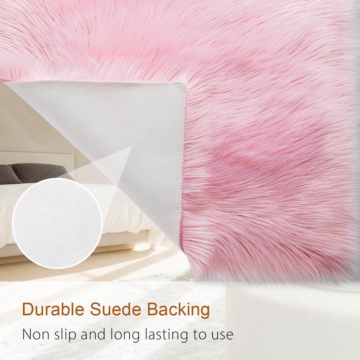 LOCHAS Soft Fluffy Faux Fur Rugs for Bedroom Bedside Rug 2x5 Feet, Pink