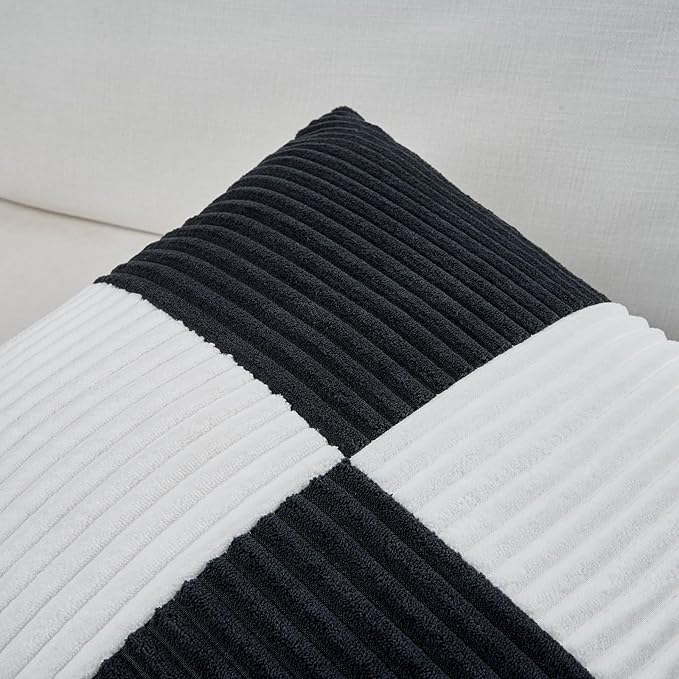 Fancy Homi Set of 2 Black White Decorative Throw Pillow Covers 20x20 Inch for Living Room Couch Bed Sofa, Farmhouse Boho Home Decor, Soft Cross Corduroy Patchwork Accent Square Cushion Case 50x50 cm