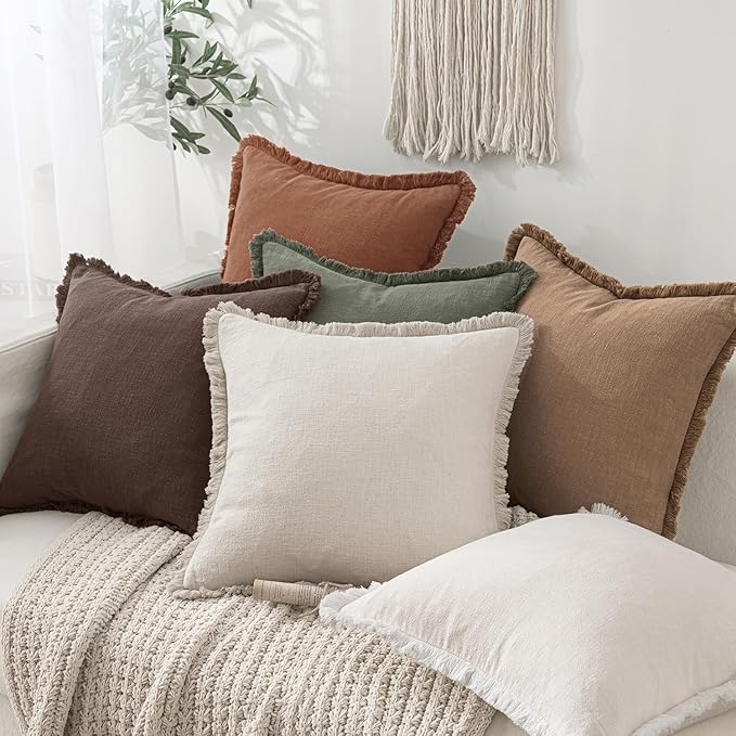 MIULEE Linen Fringe Decorative Fall Throw Pillow Covers Dark Brown 20x20
