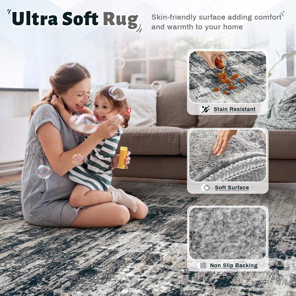 XLUEZ 8x10 Area Rugs for Living Room, Washable Modern Abstract Large Area Rug Neutral Soft Non Slip Kids Rug Stain Resistant Indoor Carpet for Bedroom Nursery Dining Room Playroom(BlackGrey, 8'x10')