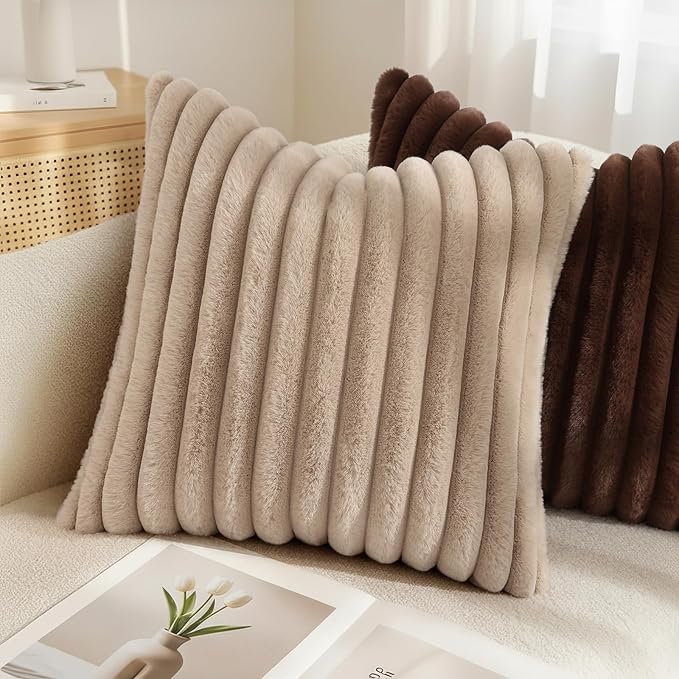 decorUhome Fall Faux Fur Throw Pillow Covers 22x22 Set of 2 Khaki Brown