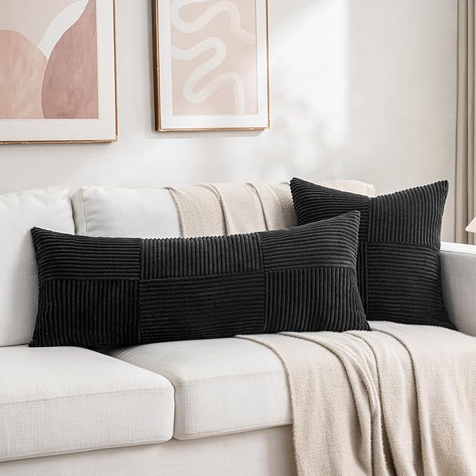 Fancy Homi 2 Packs Black Decorative Throw Pillow Covers 20x20 Inch for Living Room Couch Bed Sofa, Rustic Farmhouse Boho Home Decor, Soft Corss Corduroy Patchwork Accent Square Cushion Case 50x50 cm