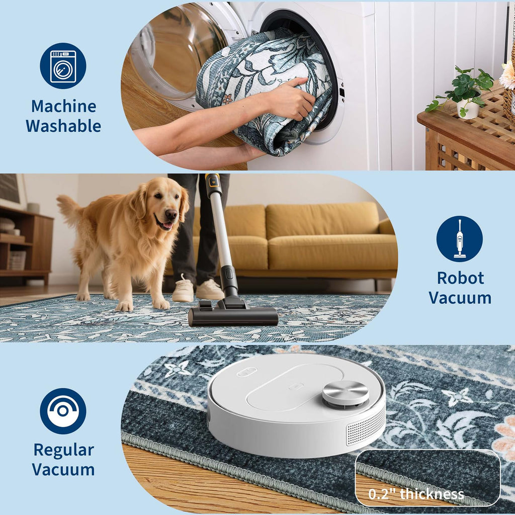 GarveeHome Provence Misty Blue 6x9 Area Rugs, Botanical Grove Vintage Cottagecore Non-Slip Washable Rug for Bedroom Living Room Nursery Kitchen Low-Pile Carpet
