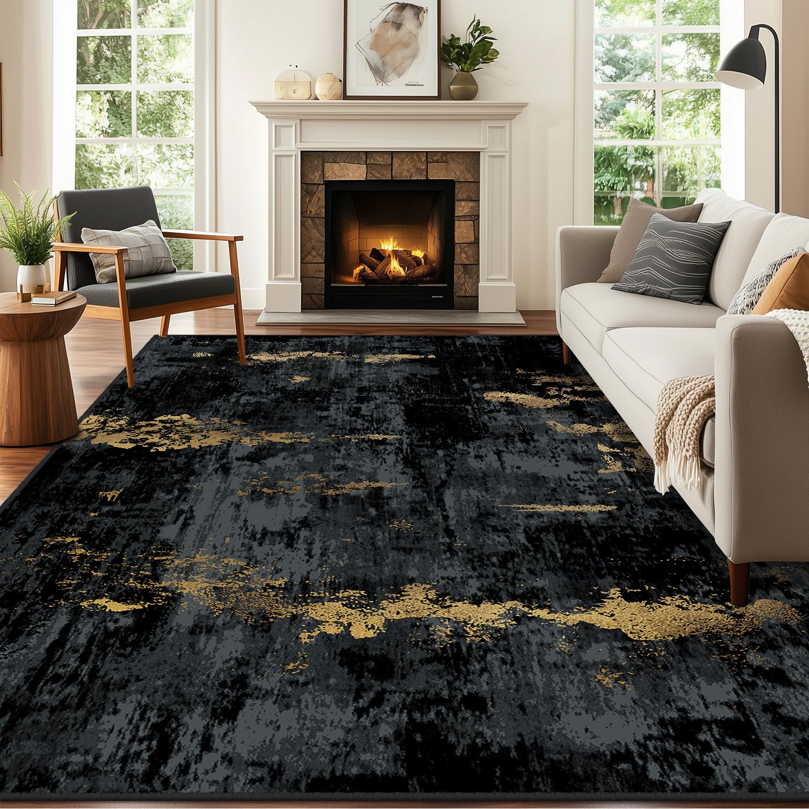 RELEANY Washable 6'x9' Abstract Area Rug for Living Room Black Gold