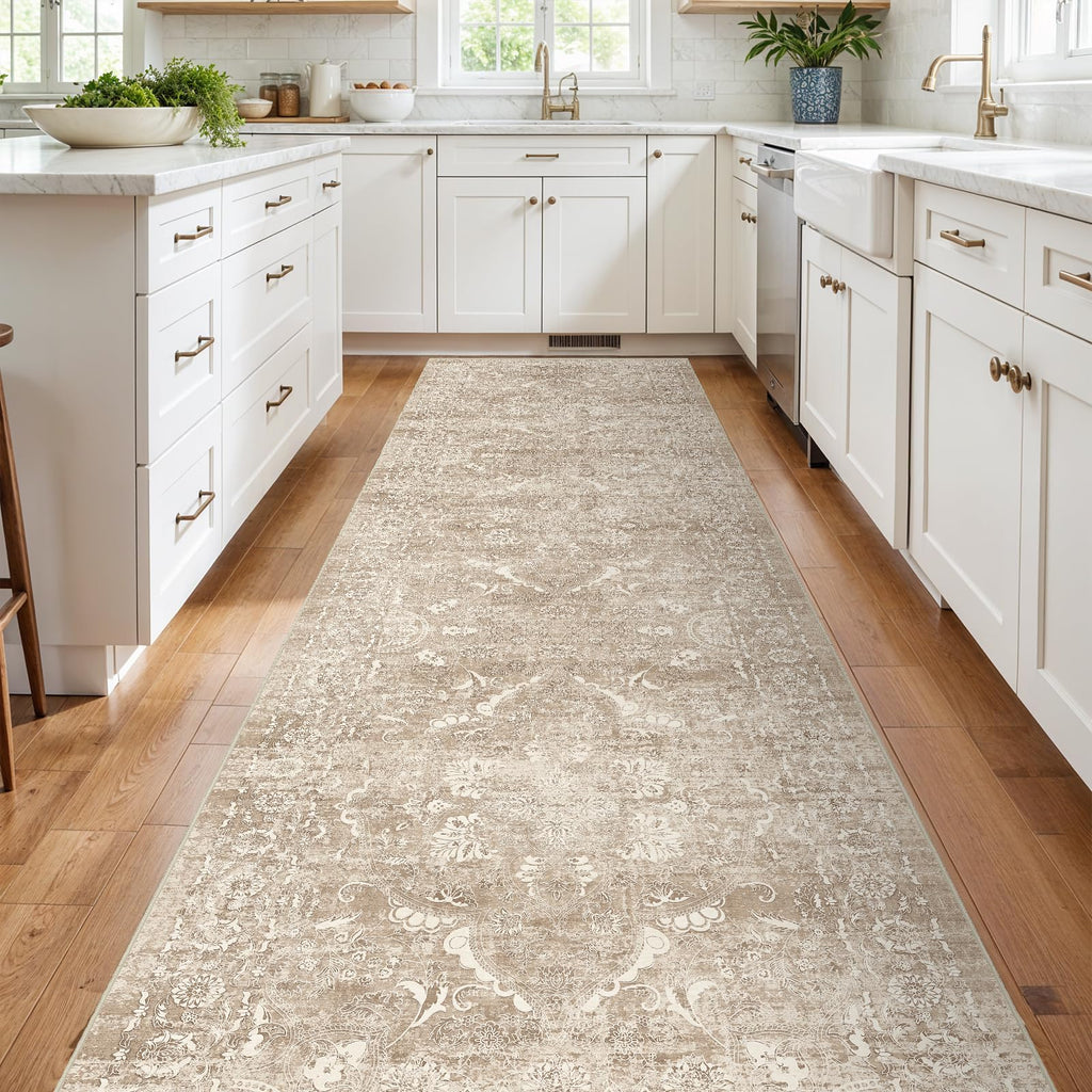 4x12 Washable Hallway Runner Rug: Vintage Wide Low Pile Rugs NaturalBeige