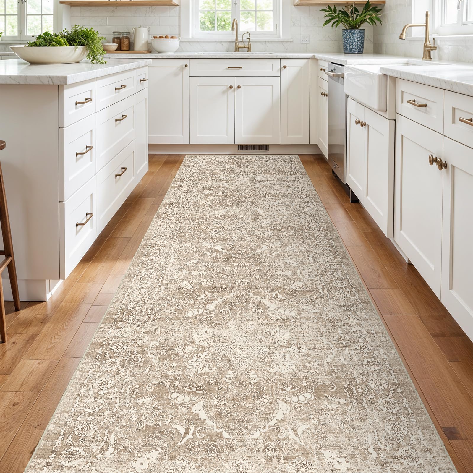 4x12 Washable Hallway Runner Rug: Vintage Wide Low Pile Rugs NaturalBeige