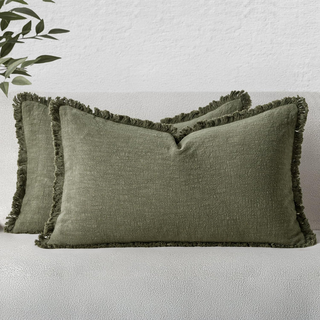 MIULEE Boho Linen Decorative Lumbar Throw Pillow Covers Olive Green 12x20