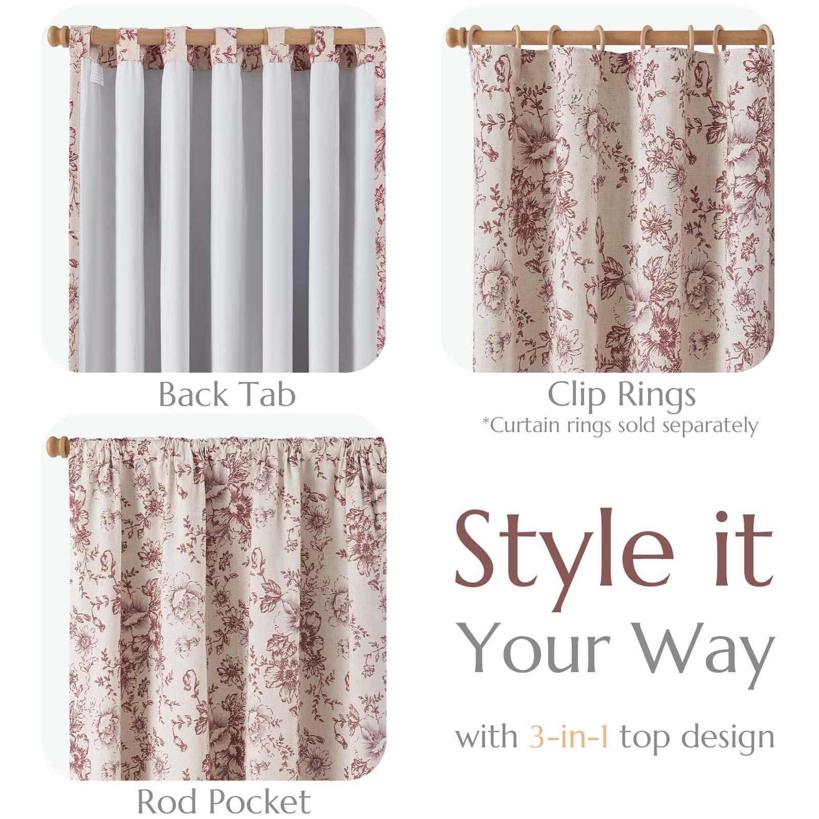 jinchan Floral Linen Blackout Curtains for Bedroom 63 Inches Long