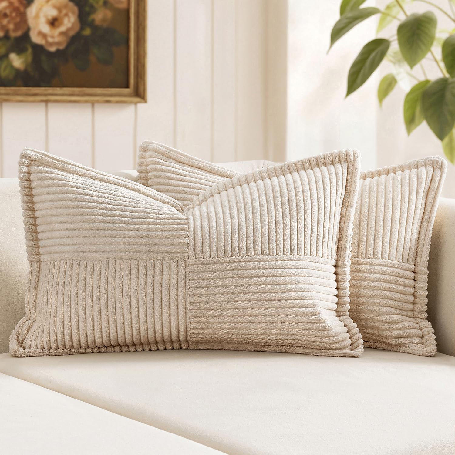 MIULEE Decorative Lumbar Throw Pillow Covers 14x24 Inch Beige 2 Pack