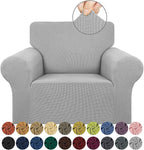 KEKUOU Stretch Single Sofa Slipcover 1 Piece Couch Sofa Cover (31"-55") Furniture Protector 1 Seater Sofa with Elastic Bottom for Kids,Pet.Jacquard Small Checked Pattern Fabric(Small,Silver)