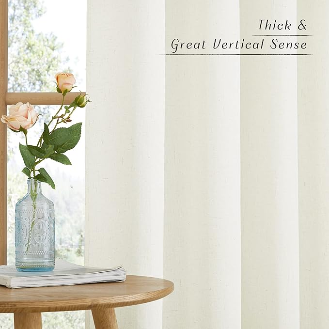 NICETOWN Thick Linen Bedroom Curtains 90 inches Long, Grommet Privacy Assured Semi Sheer Linen Burlap Drapes with Some Light Filtering for Living Room, Off White, W55 x L90, 1 Pair
