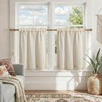 Boho Kitchen Cafe Curtains 25x24 Inch, Beige Linen Blend Embroidered Light Filtering Curtains for Small Kitchen Window, 2 Panels
