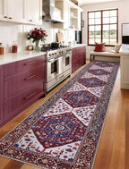 SERISSA Runner Rug for Hallways, 2'6"x14' Washable Non Slip Runner Rug, Extra Long Boho Rug Ultra Soft Vintage Burgundy Navy Print Floor Carpet for Bedroom Hallway Entryway Bathroom Laundry Room