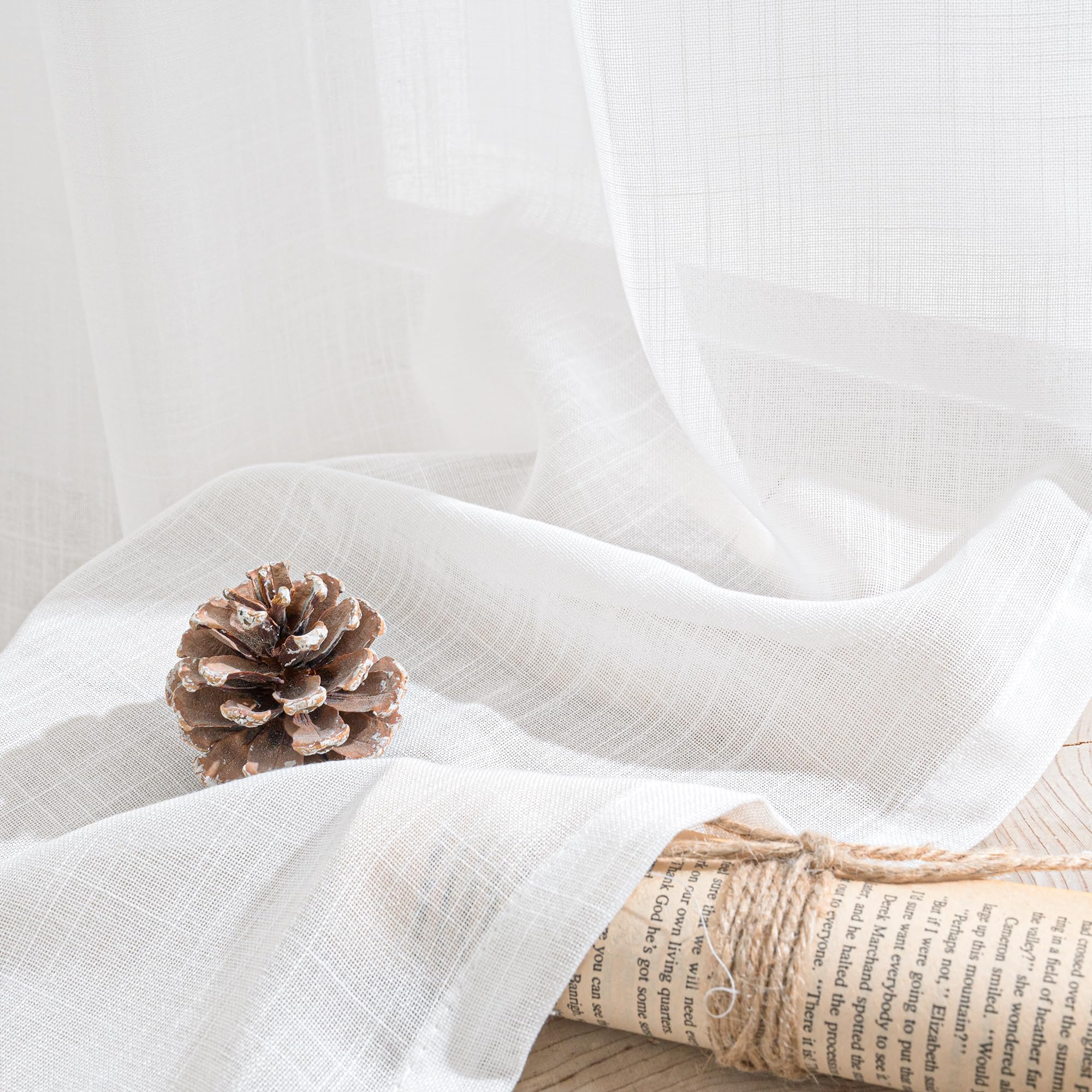 BGment White Semi Sheer Linen Curtains 63 Inch Length for Bedroom 2 Panels Set - Textured Light Filtering Drapes with Rod Pocket Lightweight Window Treatments for Living Room, 52 X 63 Inch